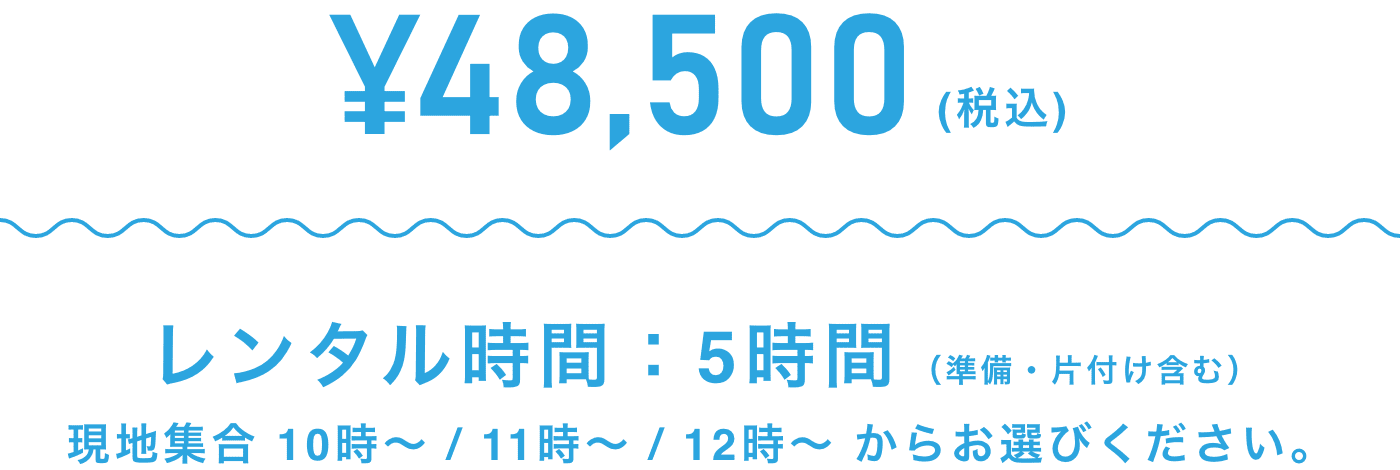 ¥48,500（税込）/ レンタル時間5時間（準備・片付け含む）現地集合 10時～ / 11時～ / 12時～ からお選びください。